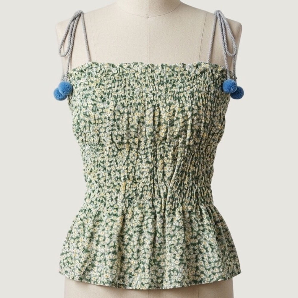 Natural Life Macy Pompom Smocked Peplum Cami Top Floral Daisy Green XL NEW